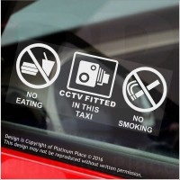 2 x No Eating,No Drinking,CCTV Fitted Stickers-WINDOW, White On Clear-120x50mm-Taxi,Minicab,Minibus,Cab Notice Sign 